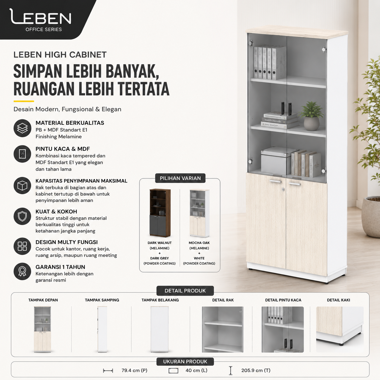LEBEN HIGH CABINET GLASS/PANEL DOOR MOCHA OAK (U/4) - Gambar 2