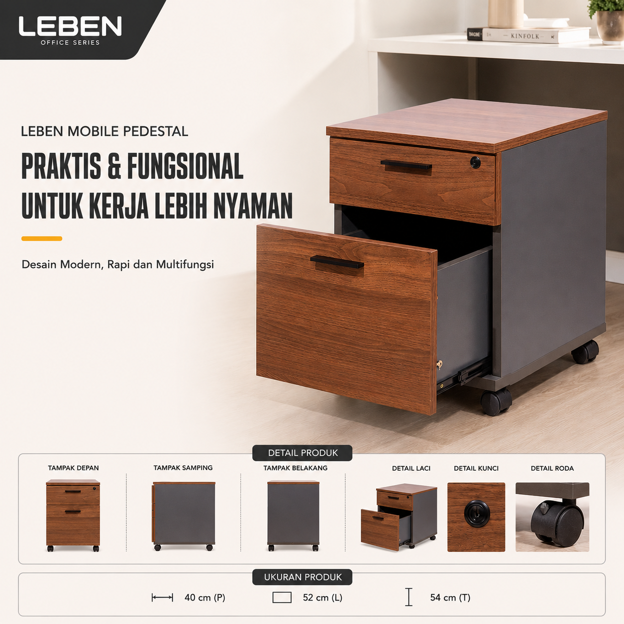 LEBEN MOBILE PEDESTAL 20504 DARK WALNUT/DARK GREY