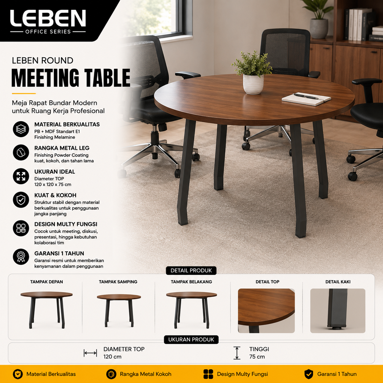 LEBEN ROUND MEETING TABLE DIA 1212 DARK WALNUT/DARK GREY