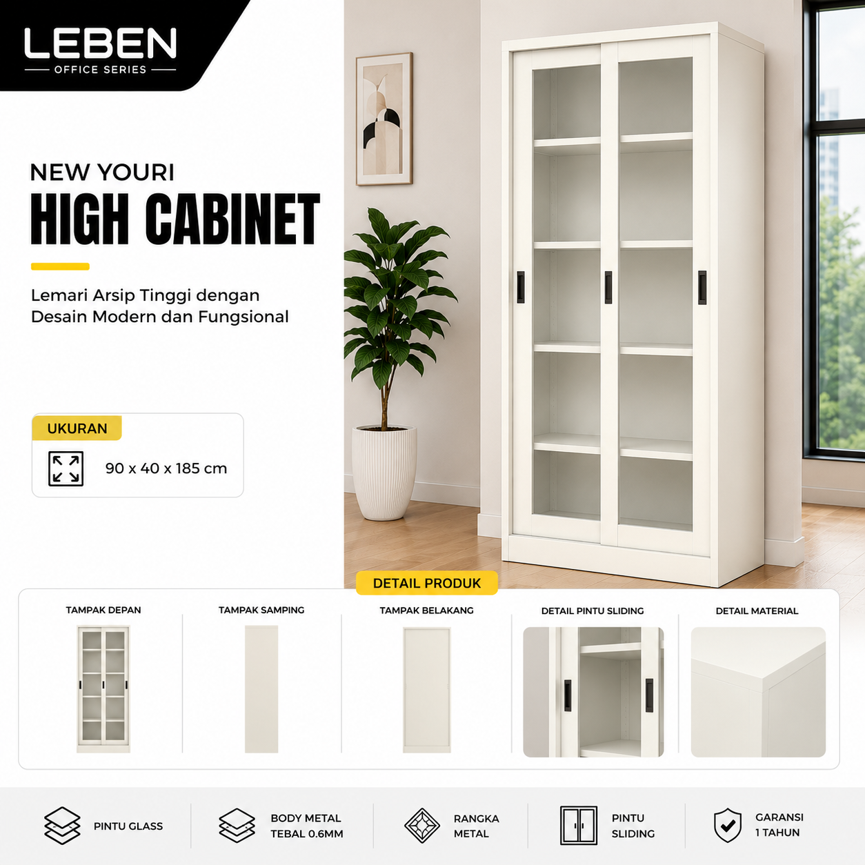 NEW YOURI HIGH CABINET WITH SLIDING DOOR GLASS 90*40*185 CM WHITE