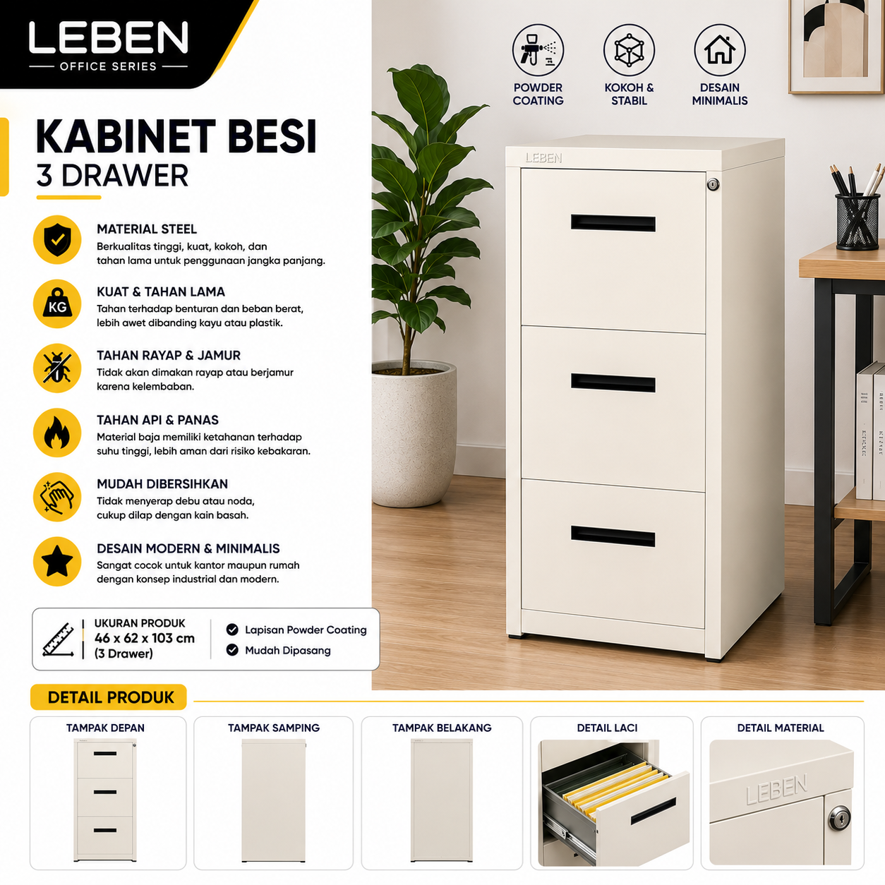 NEW YOURI FILLING CABINET 3 DRAWER 46x62x103 WHITE - Gambar 2