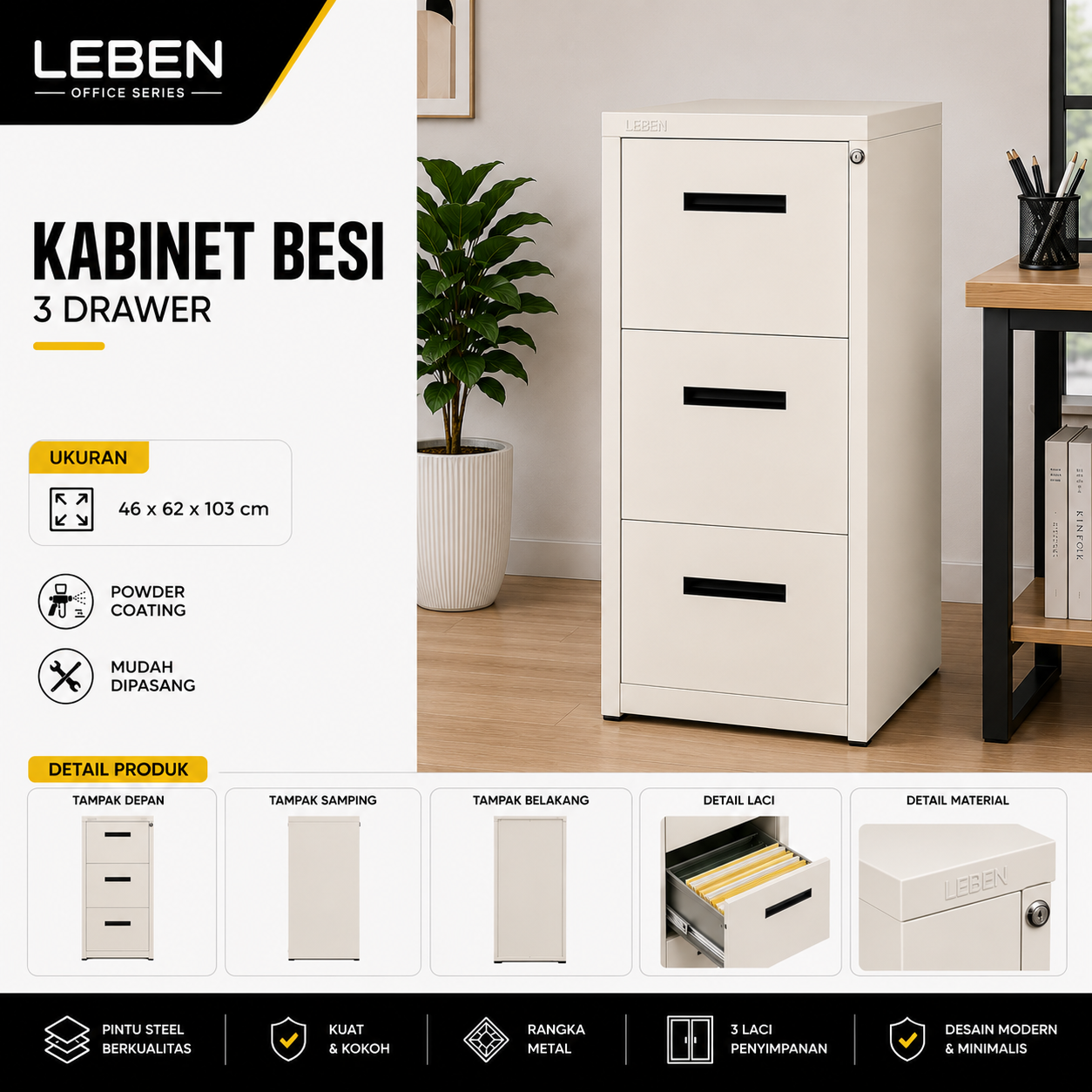 NEW YOURI FILLING CABINET 3 DRAWER 46x62x103 WHITE